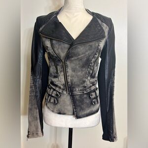 BKE Distressed Acid Wash Moto Jacket with Zippers and Straps SZ S